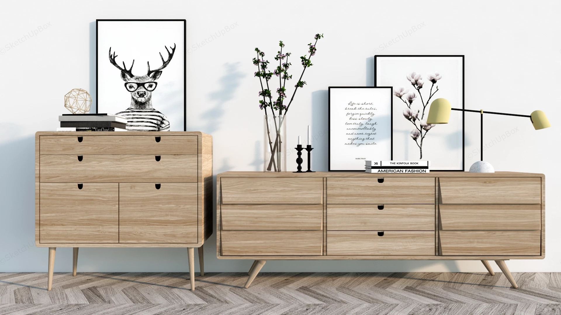 Modern Scandinavian Light Oak Sideboard Credenza Set Sketchup 3D Model Preview - SketchupBox