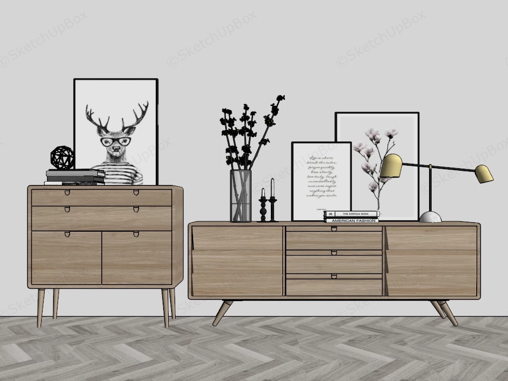 Modern Scandinavian Light Oak Sideboard Credenza Set Sketchup 3D Model Preview - SketchupBox