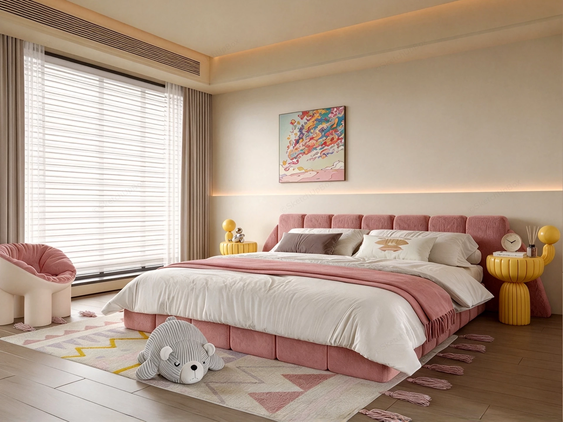 Modern Cream Style Dusty Pink Teenage Bedroom Design Sketchup 3D Model Preview - SketchupBox