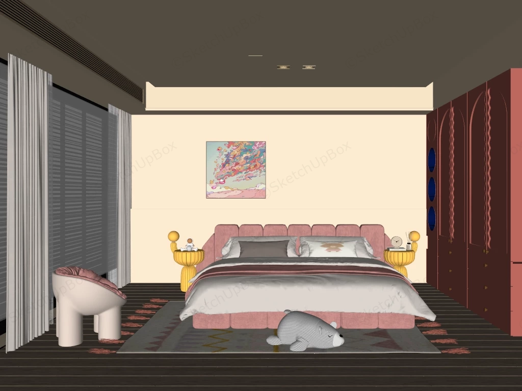 Modern Cream Style Dusty Pink Teenage Bedroom Design Sketchup 3D Model Preview - SketchupBox