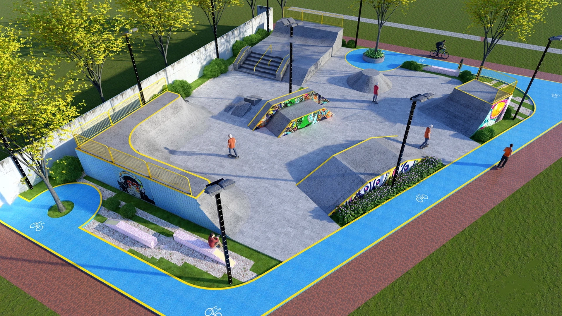 Outdoor Concrete Skatepark Facility With Cycle Track Sketchup 3D Model Preview - SketchupBox