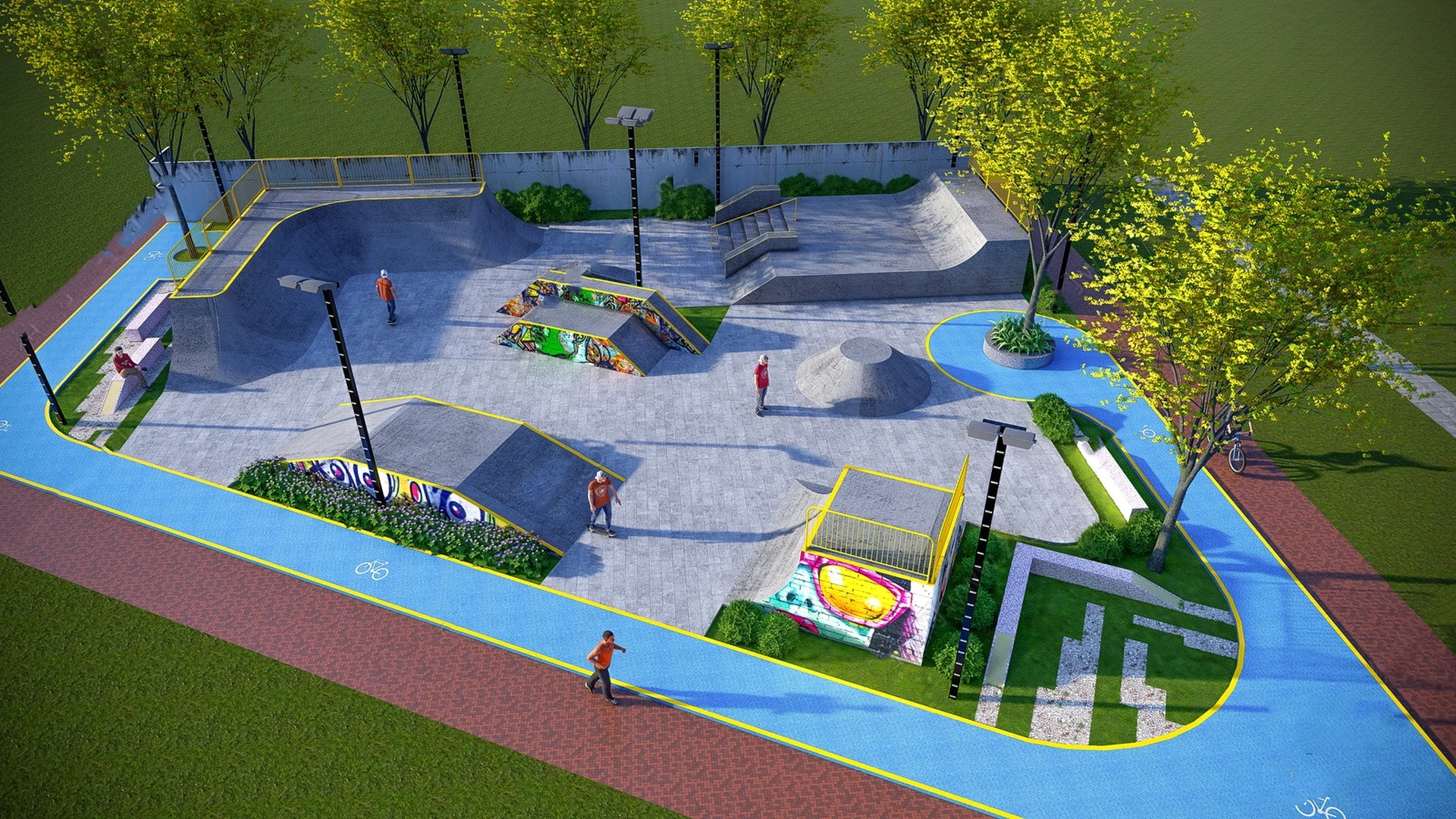 Outdoor Concrete Skatepark Facility With Cycle Track Sketchup 3D Model Preview - SketchupBox