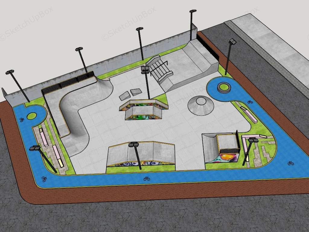 Outdoor Concrete Skatepark Facility With Cycle Track Sketchup 3D Model Preview - SketchupBox