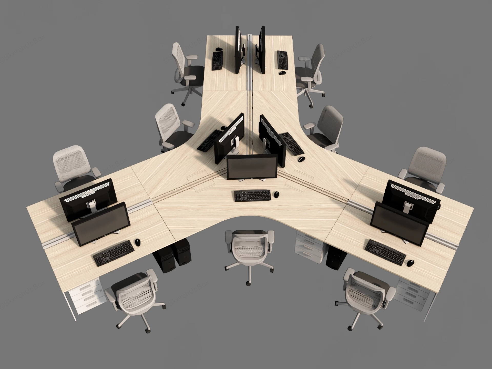 120 Degree 9 Person Modular Office Workstation Cluster Sketchup 3D Model Preview - SketchupBox