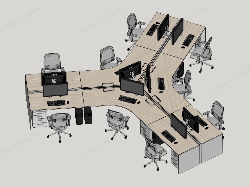 120 Degree 9 Person Modular Office Workstation Cluster Sketchup 3D Model Preview - SketchupBox