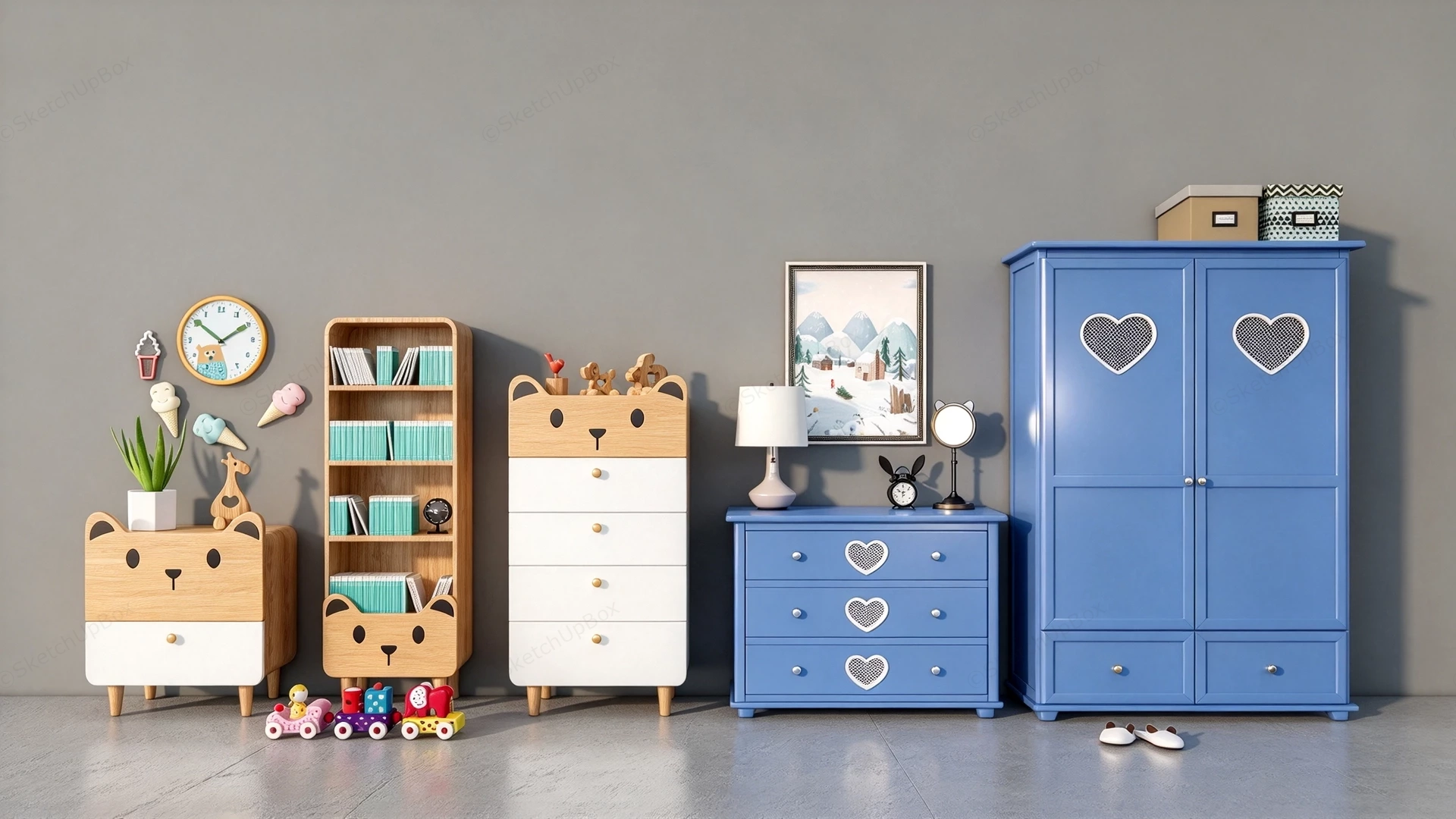 Children's Bedroom Wooden Furniture & Storage Set Sketchup 3D Model Preview - SketchupBox