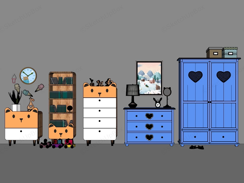 Children's Bedroom Wooden Furniture & Storage Set Sketchup 3D Model Preview - SketchupBox