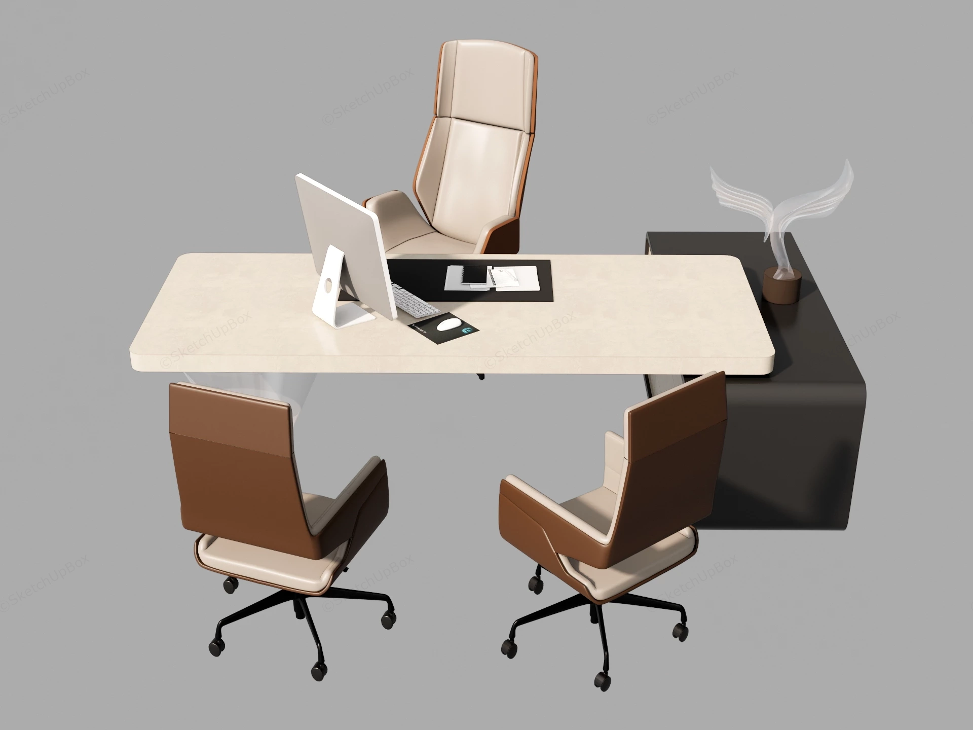Modern Executive Office Desk & Leather Seating Set Sketchup 3D Model Preview - SketchupBox