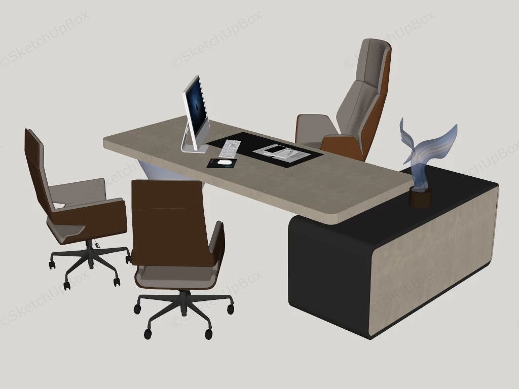 Modern Executive Office Desk & Leather Seating Set Sketchup 3D Model Preview - SketchupBox