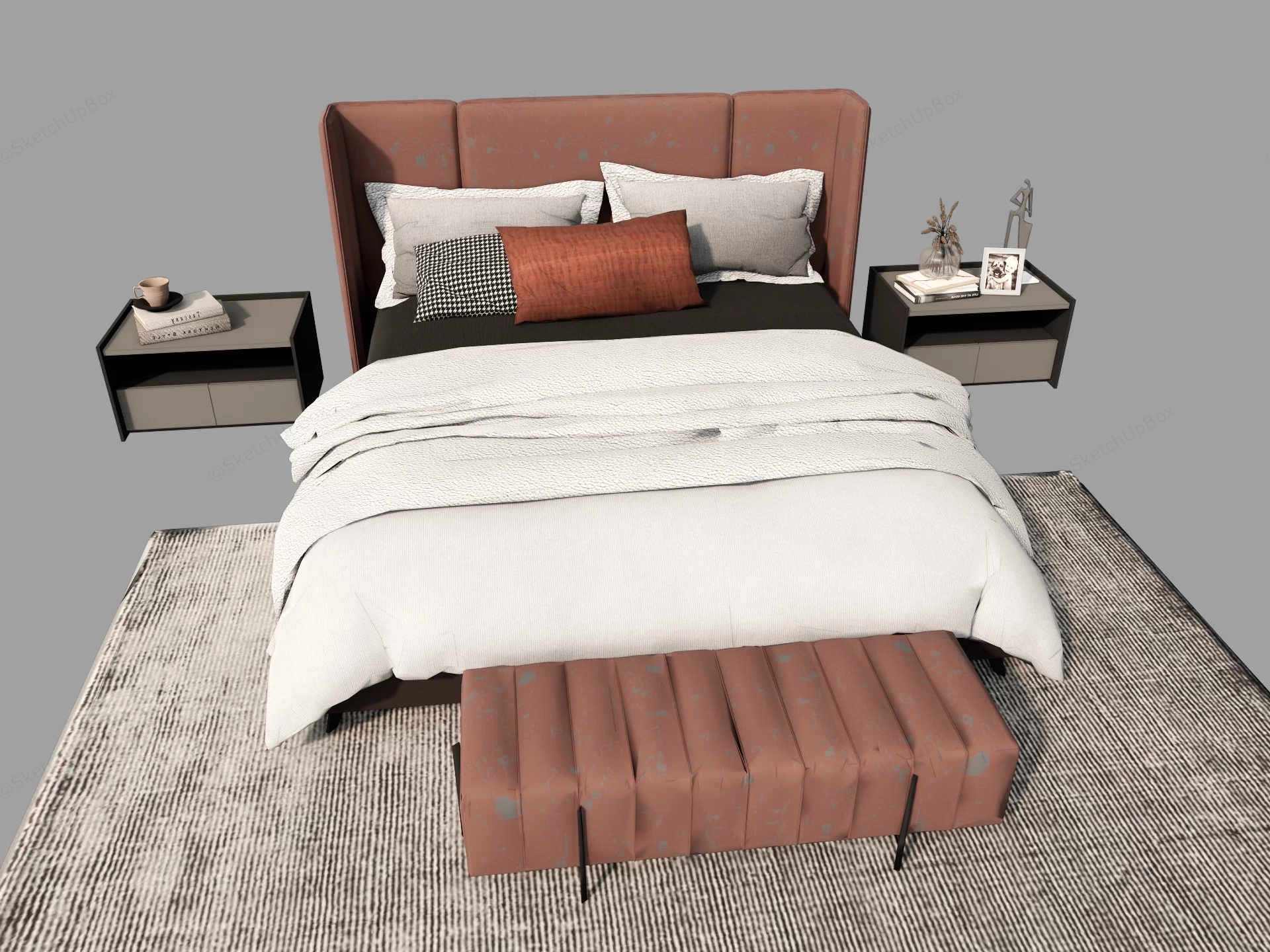 Modern Terracotta Upholstered Bed Set Sketchup 3D Model Preview - SketchupBox