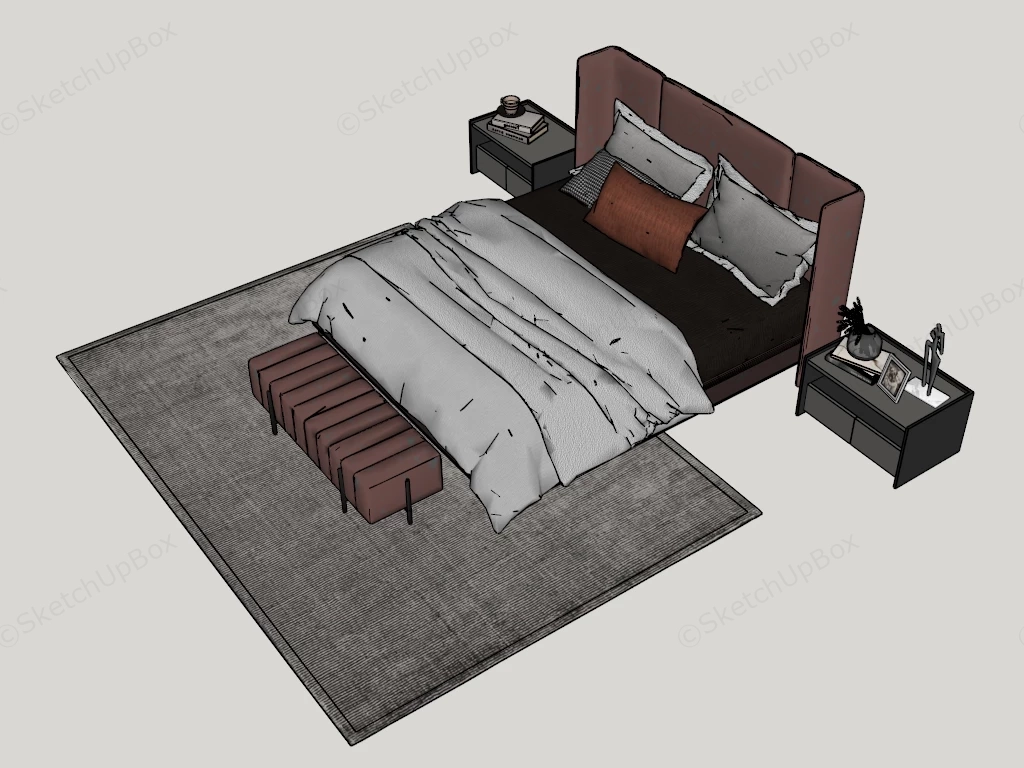 Modern Terracotta Upholstered Bed Set Sketchup 3D Model Preview - SketchupBox