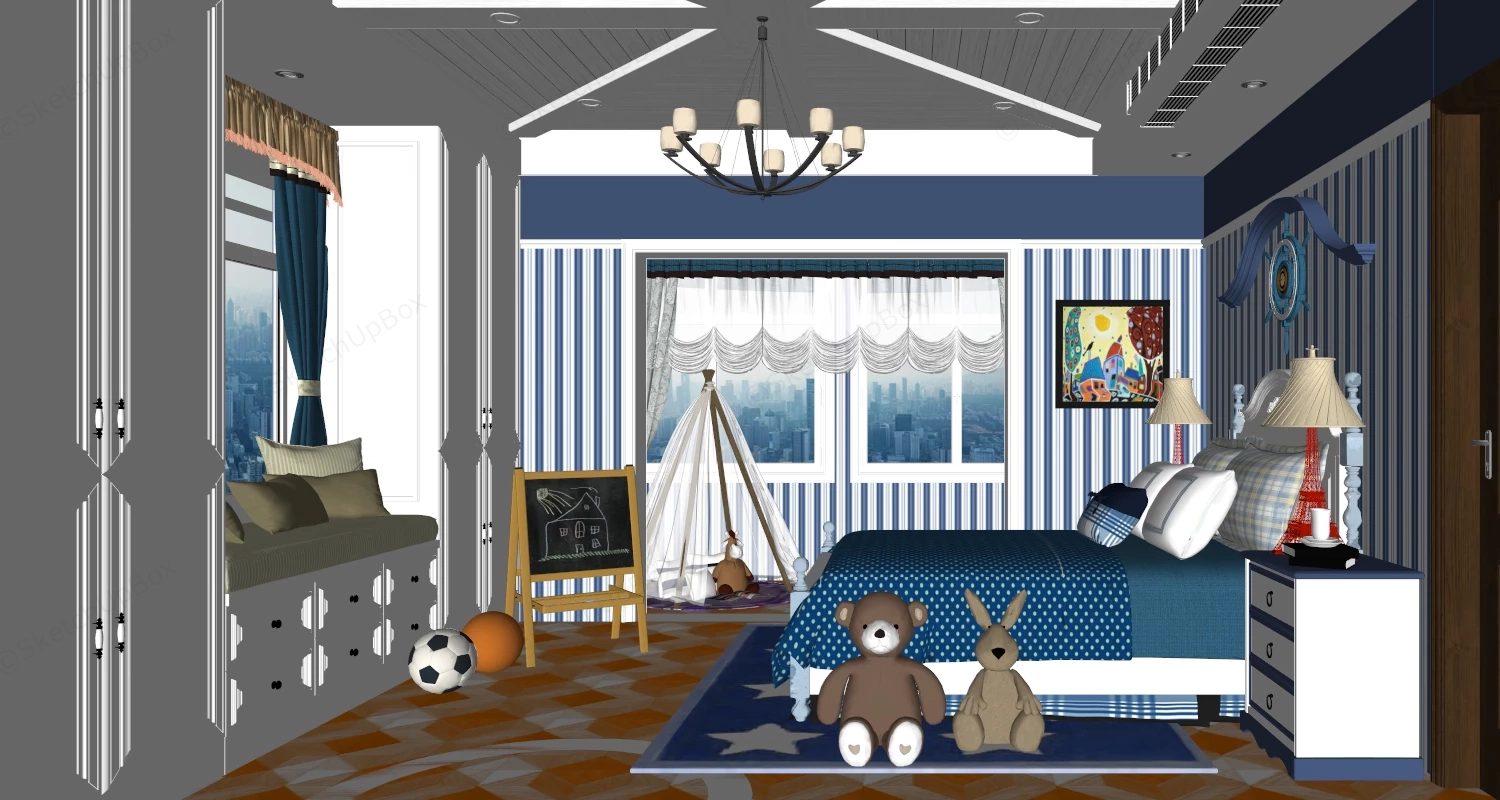 Nautical American Classic Children's Bedroom Sketchup 3D Model Preview - SketchupBox