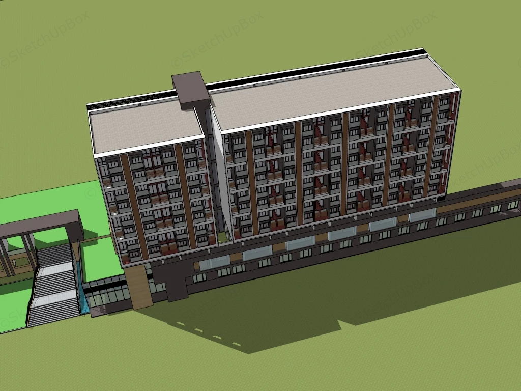 Modern Mid Rise Apartment Building With Commercial Podium Sketchup 3D Model Preview - SketchupBox