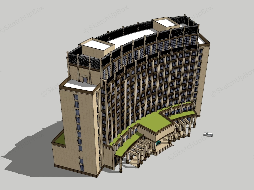 Curved Modern Commercial Hotel & Office Building Sketchup 3D Model Preview - SketchupBox