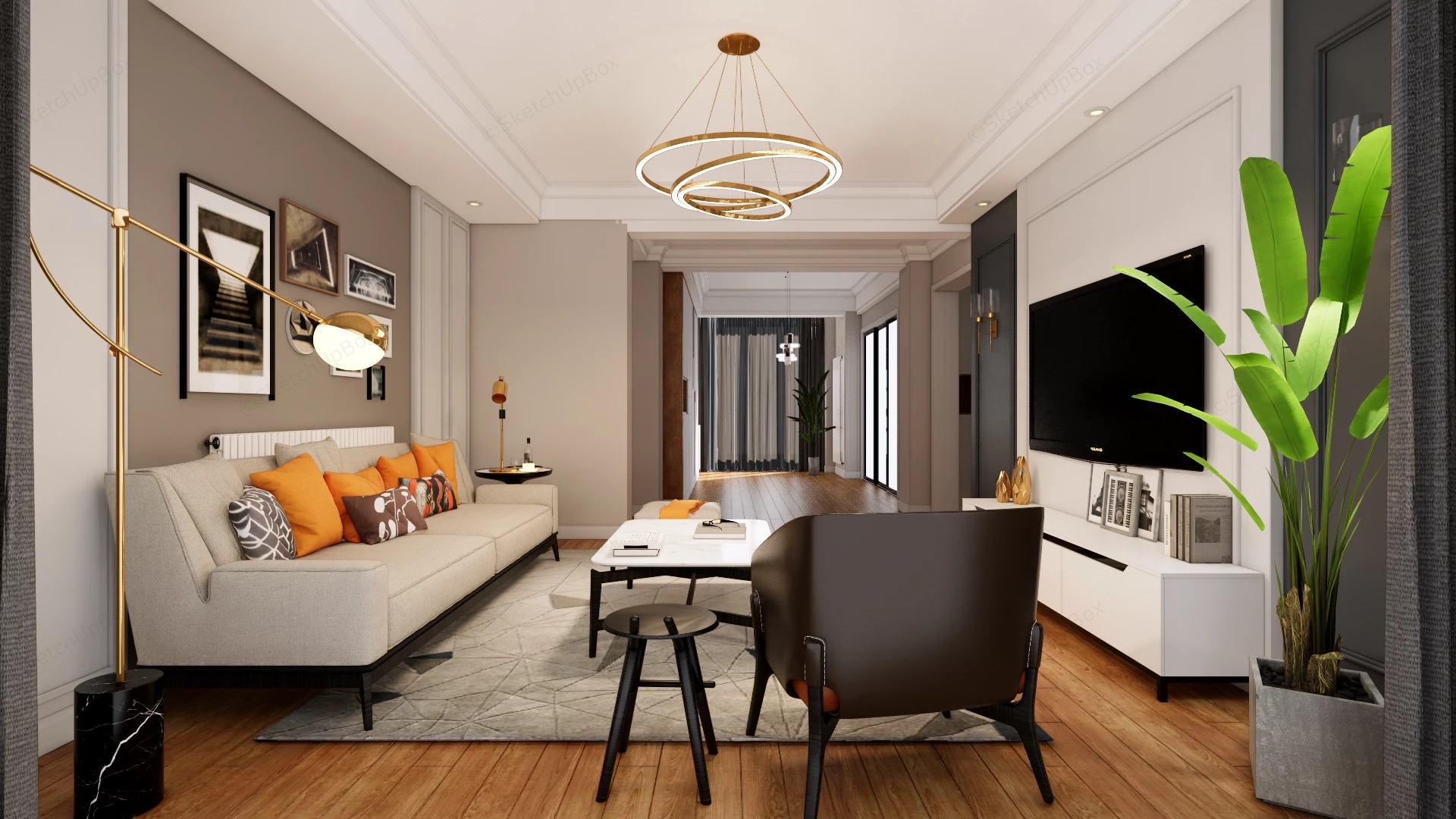Modern Living Room Suite With Orange Accent Palette Sketchup 3D Model Preview - SketchupBox