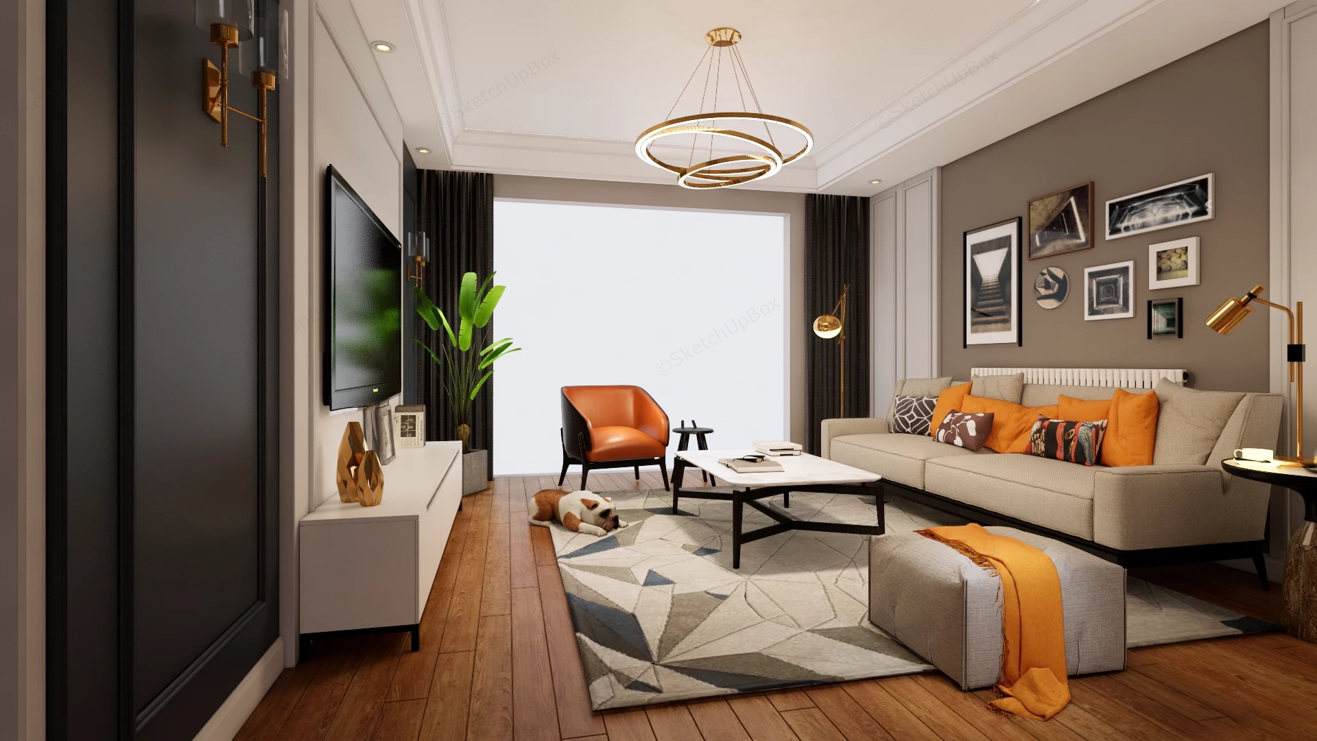 Modern Living Room Suite With Orange Accent Palette Sketchup 3D Model Preview - SketchupBox