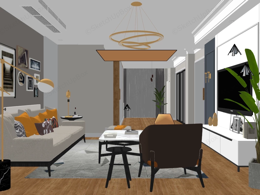 Modern Living Room Suite With Orange Accent Palette Sketchup 3D Model Preview - SketchupBox