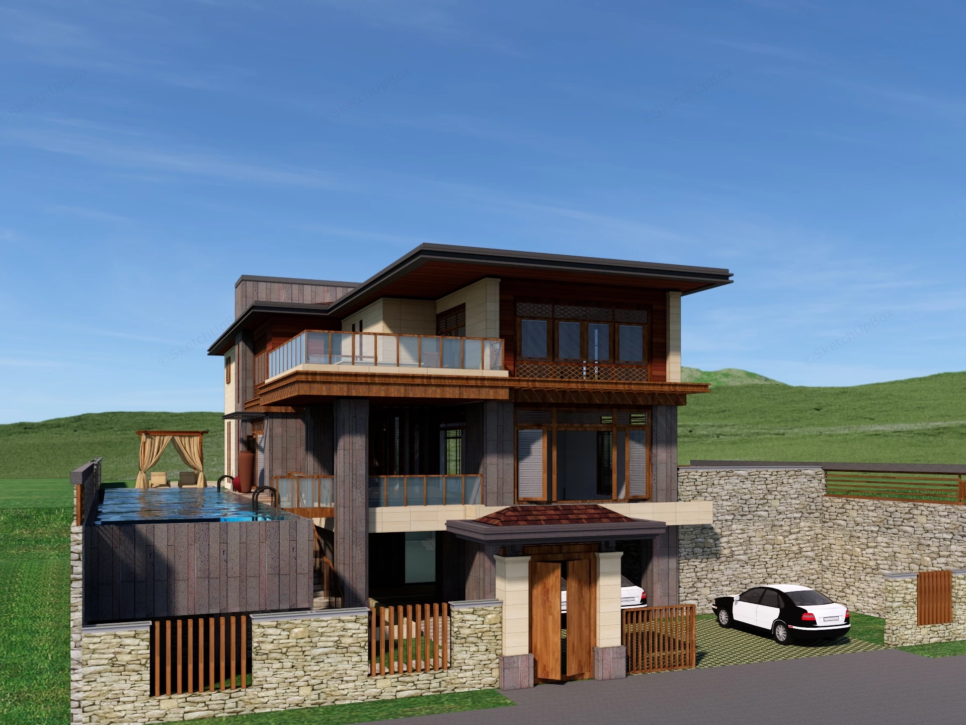 Modern Tropical Resort Villa With Swimming Pool Sketchup 3D Model Preview - SketchupBox