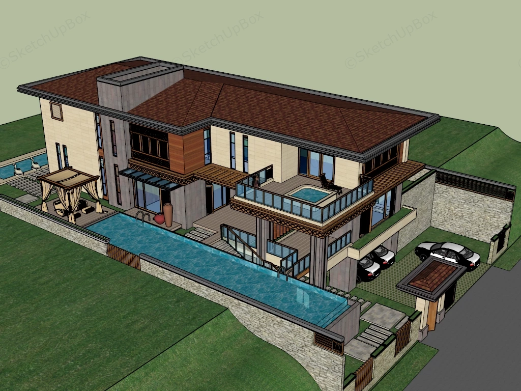 Modern Tropical Resort Villa With Swimming Pool Sketchup 3D Model Preview - SketchupBox