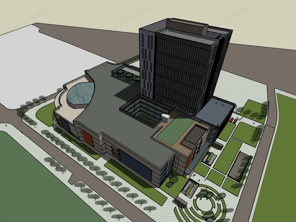 Modern Commercial Mixed Use Tower & Podium Complex Sketchup 3D Model Preview - SketchupBox
