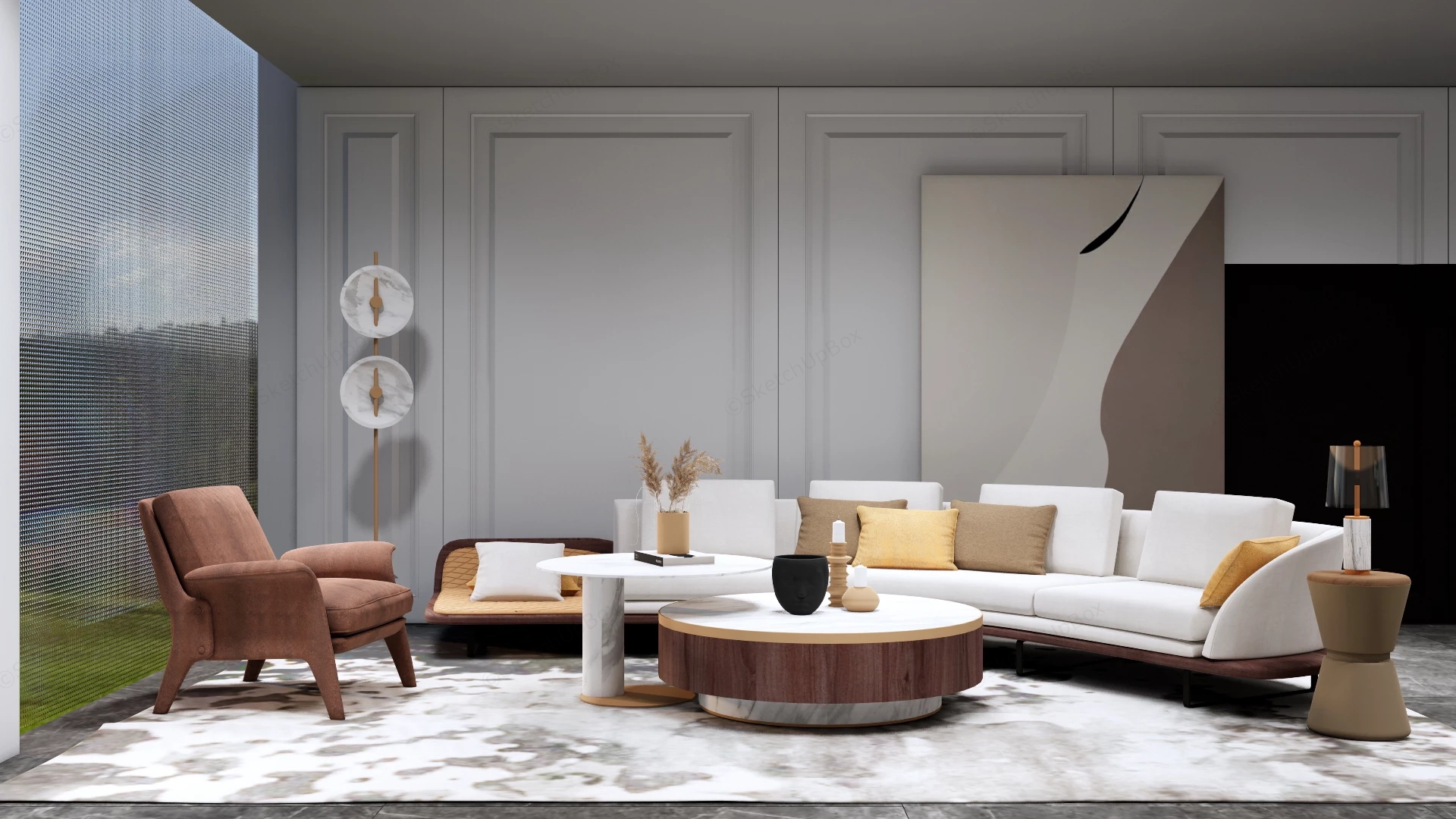 Modern Curved Sofa And Living Room Furniture Set Sketchup 3D Model Preview - SketchupBox