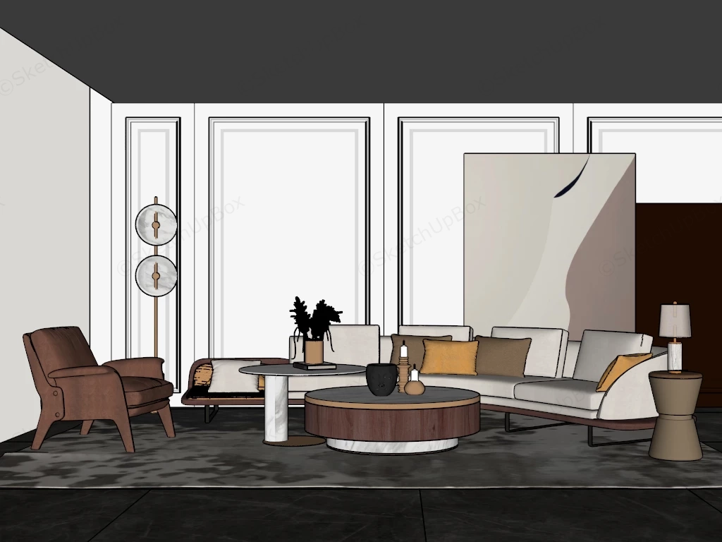 Modern Curved Sofa And Living Room Furniture Set Sketchup 3D Model Preview - SketchupBox