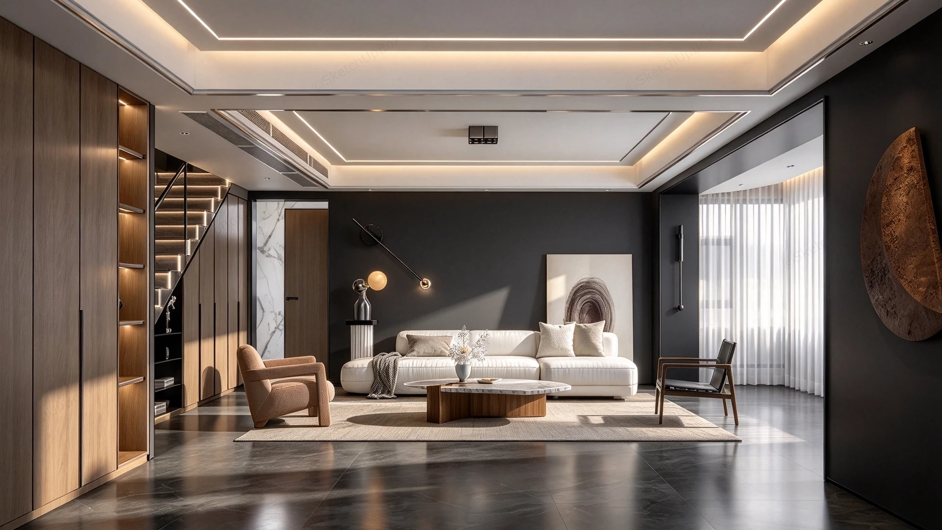 Modern Dark Minimalist Living Room Suite Sketchup 3D Model Preview - SketchupBox