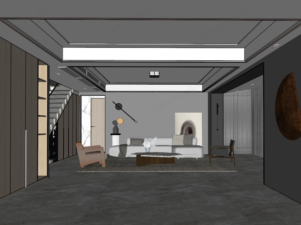 Modern Dark Minimalist Living Room Suite Sketchup 3D Model Preview - SketchupBox