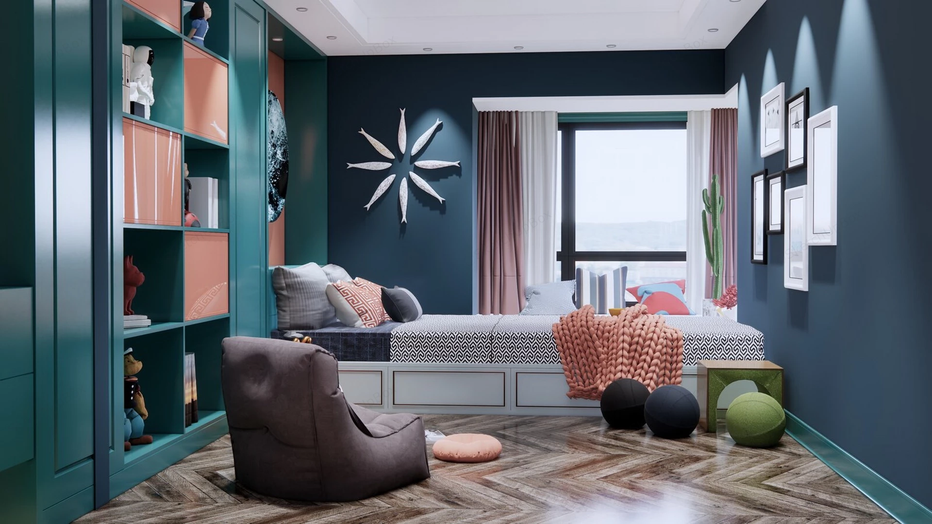 Modern Teal & Coral Children's Bedroom Sketchup 3D Model Preview - SketchupBox