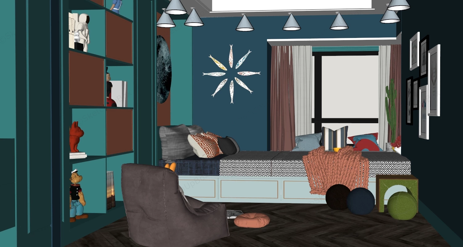 Modern Teal & Coral Children's Bedroom Sketchup 3D Model Preview - SketchupBox
