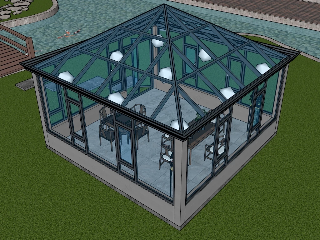 Modern Glass Sunroom Pavilion Sketchup 3D Model Preview - SketchupBox