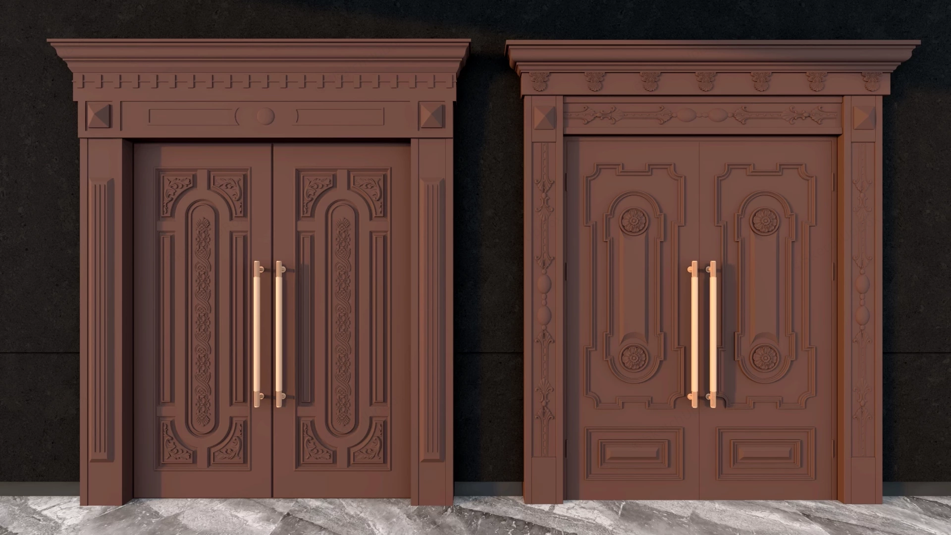 Classic Ornate Carved Double Entry Doors Sketchup 3D Model Preview - SketchupBox