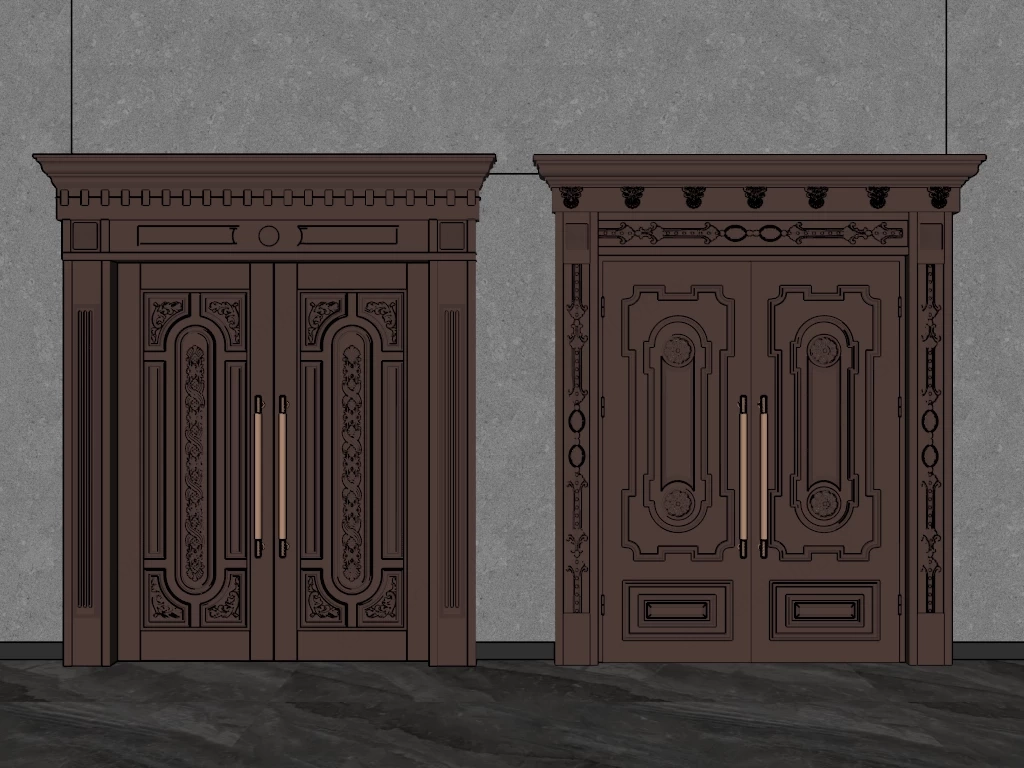Classic Ornate Carved Double Entry Doors Sketchup 3D Model Preview - SketchupBox