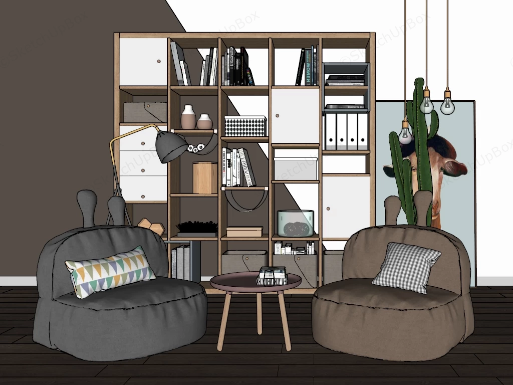 Scandinavian Bookshelf & Reading Nook Set Sketchup 3D Model Preview - SketchupBox