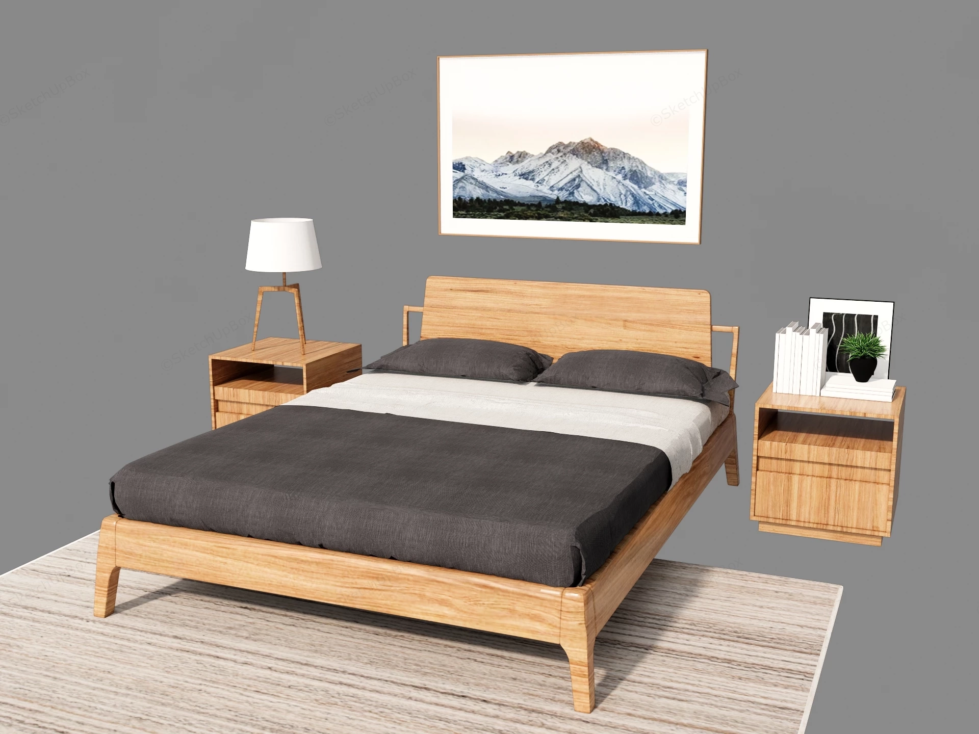 Modern Solid Oak Bed Set With Nightstands Sketchup 3D Model Preview - SketchupBox