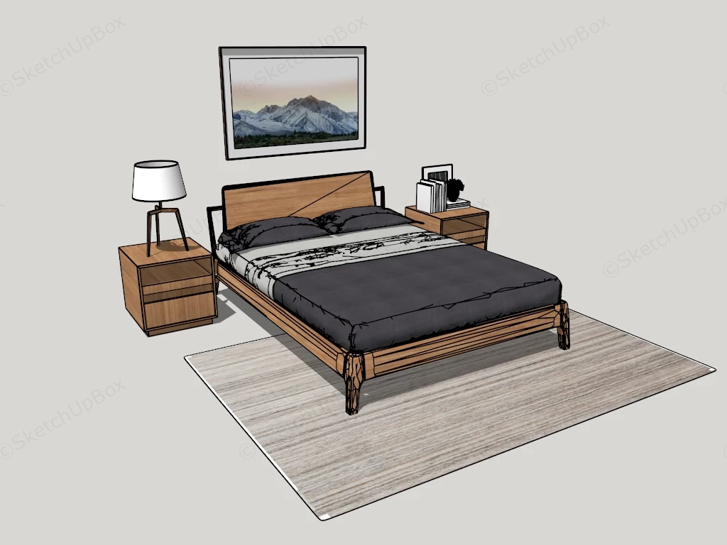 Modern Solid Oak Bed Set With Nightstands Sketchup 3D Model Preview - SketchupBox