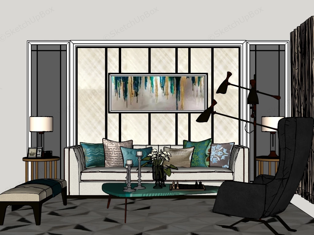 Mid Century Inspired Living Space Sketchup 3D Model Preview - SketchupBox