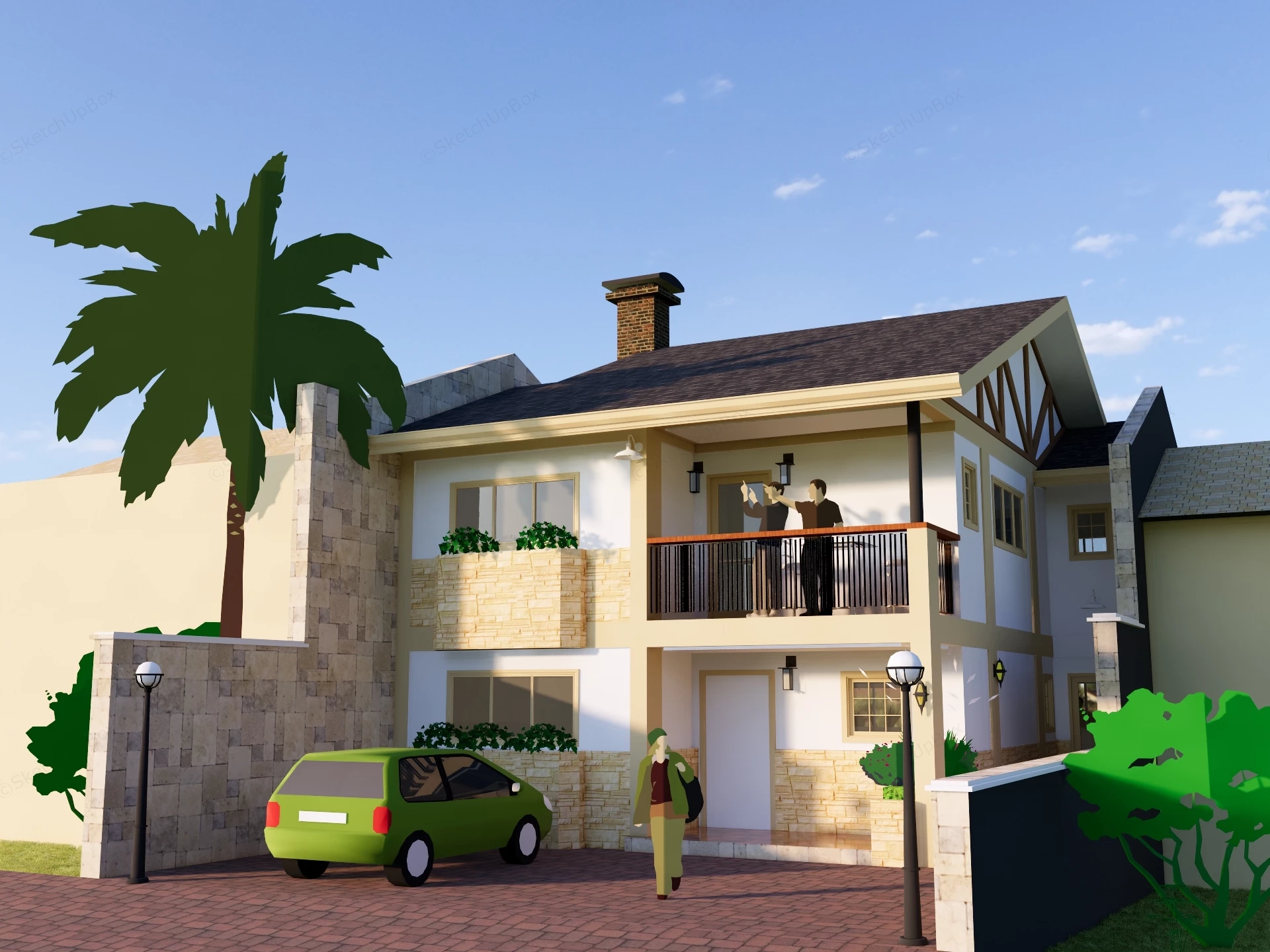Two Story Suburban House With Balcony Sketchup 3D Model Preview - SketchupBox