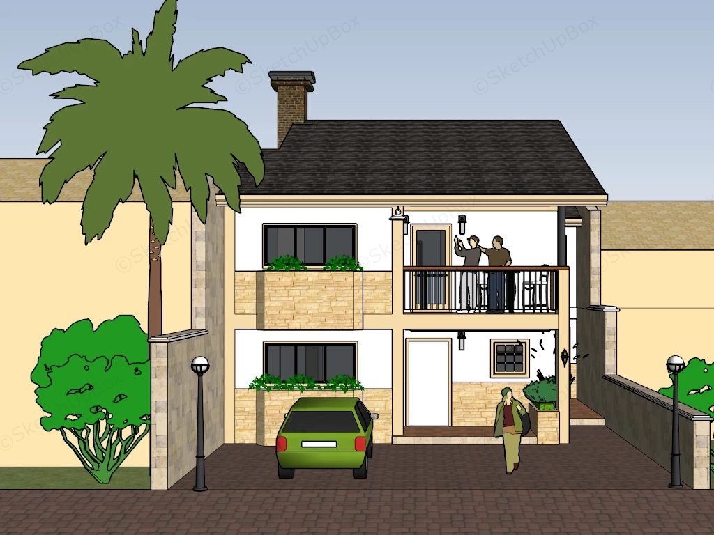 Two Story Suburban House With Balcony Sketchup 3D Model Preview - SketchupBox