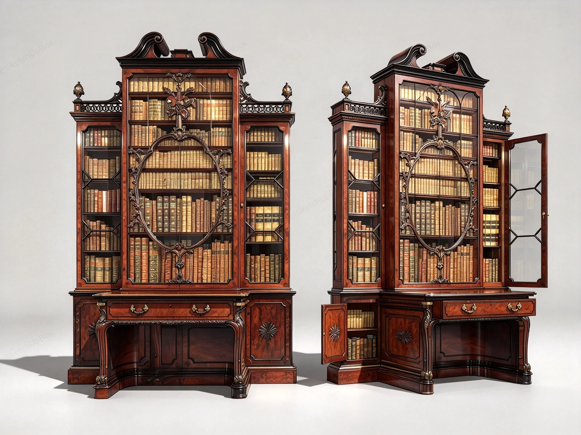 Ornate Wooden Breakfront Bookcases Sketchup 3D Model Preview - SketchupBox