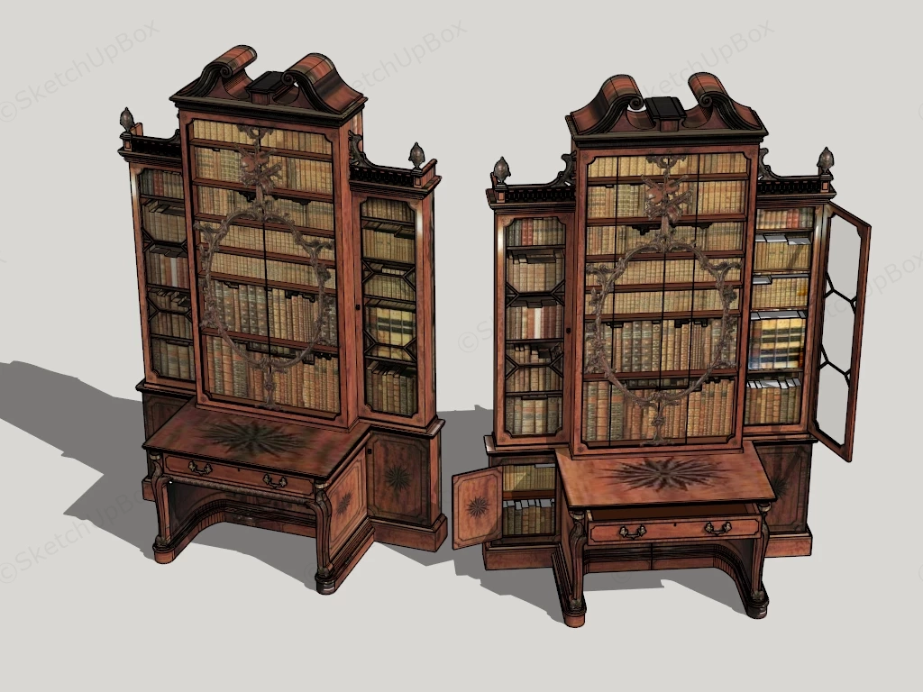 Ornate Wooden Breakfront Bookcases Sketchup 3D Model Preview - SketchupBox