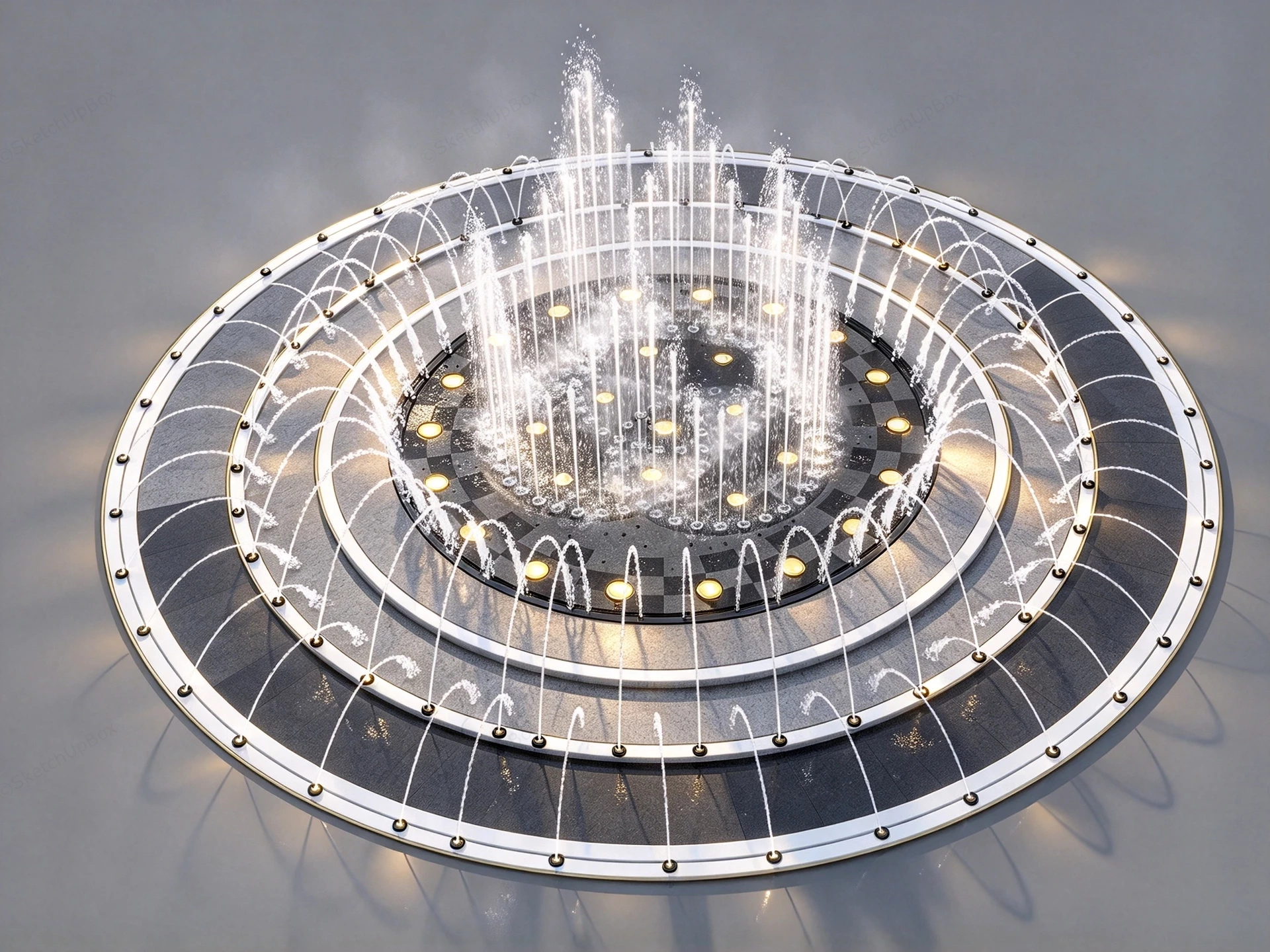 Modern Circular Multi Ring Water Fountain Feature Sketchup 3D Model Preview - SketchupBox
