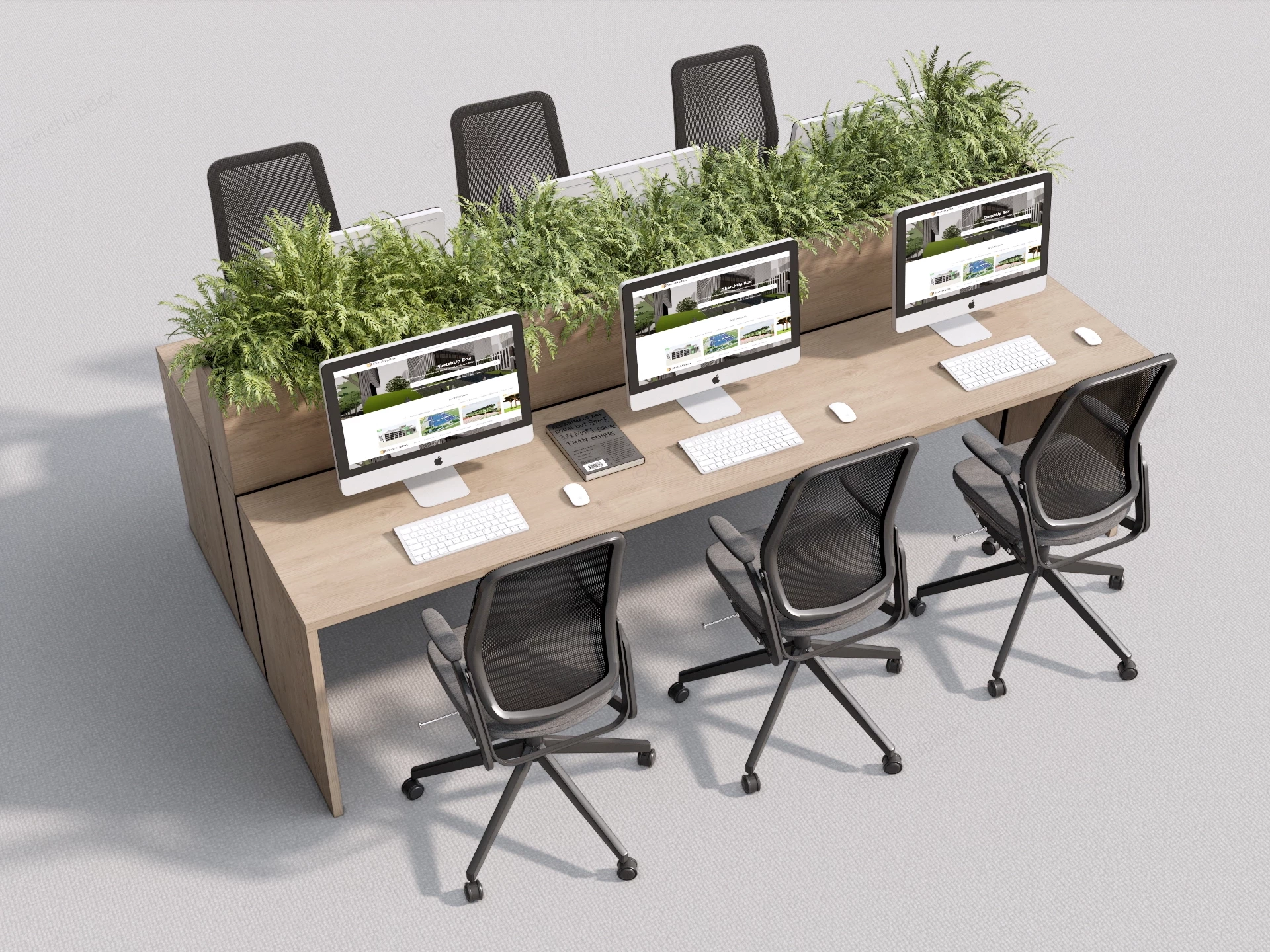 Modern 6 Person Office Workstation Cluster With Integrated Planters Sketchup 3D Model Preview - SketchupBox