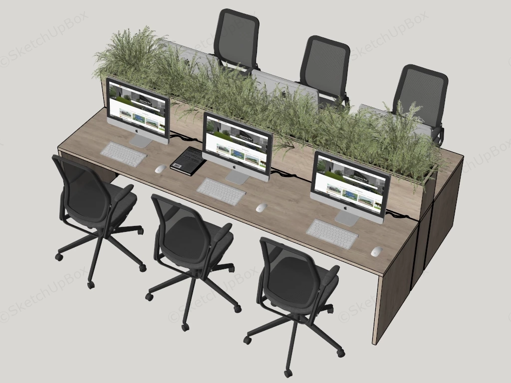 Modern 6 Person Office Workstation Cluster With Integrated Planters Sketchup 3D Model Preview - SketchupBox