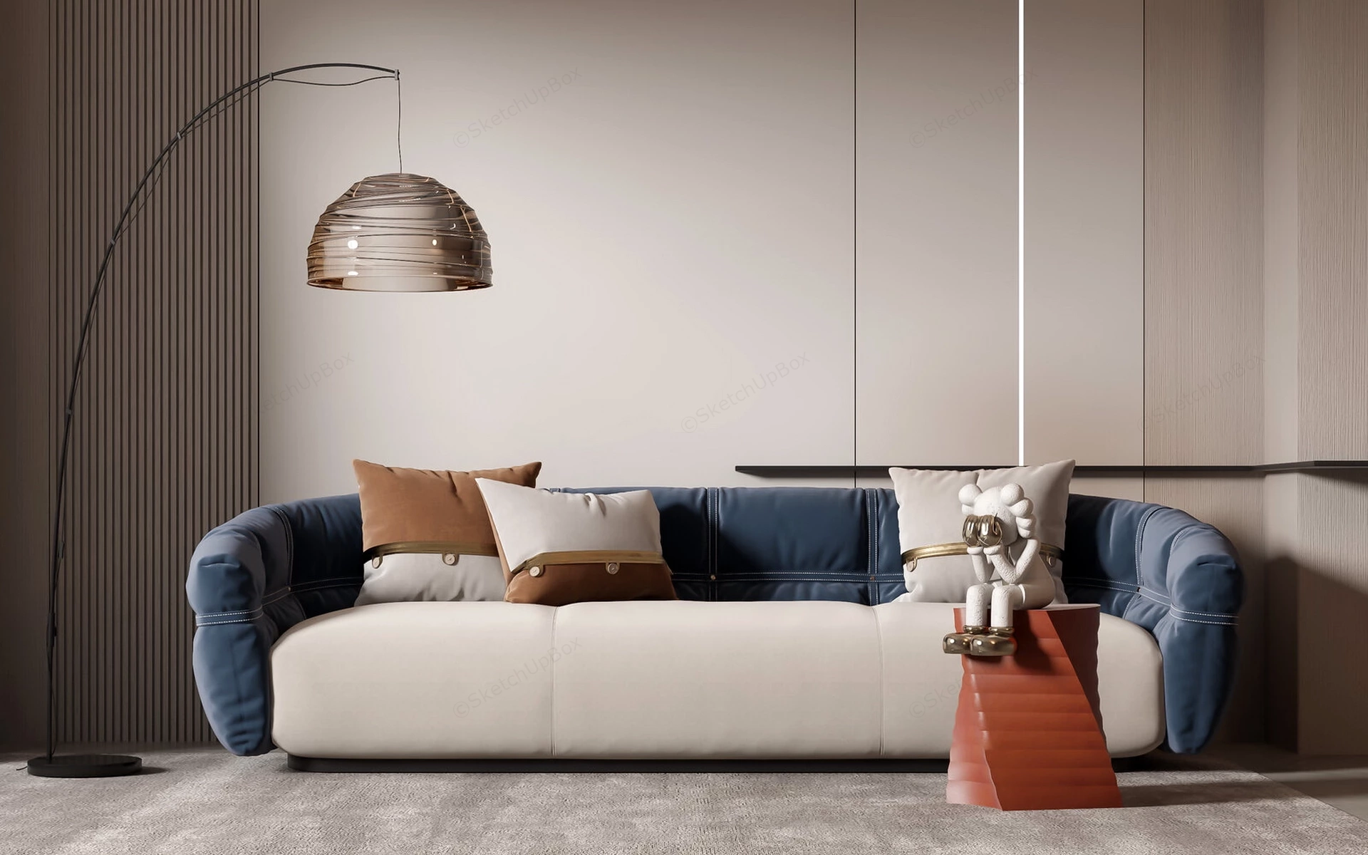 Modern Curved Leather Sofa & Living Room Scene Sketchup 3D Model Preview - SketchupBox