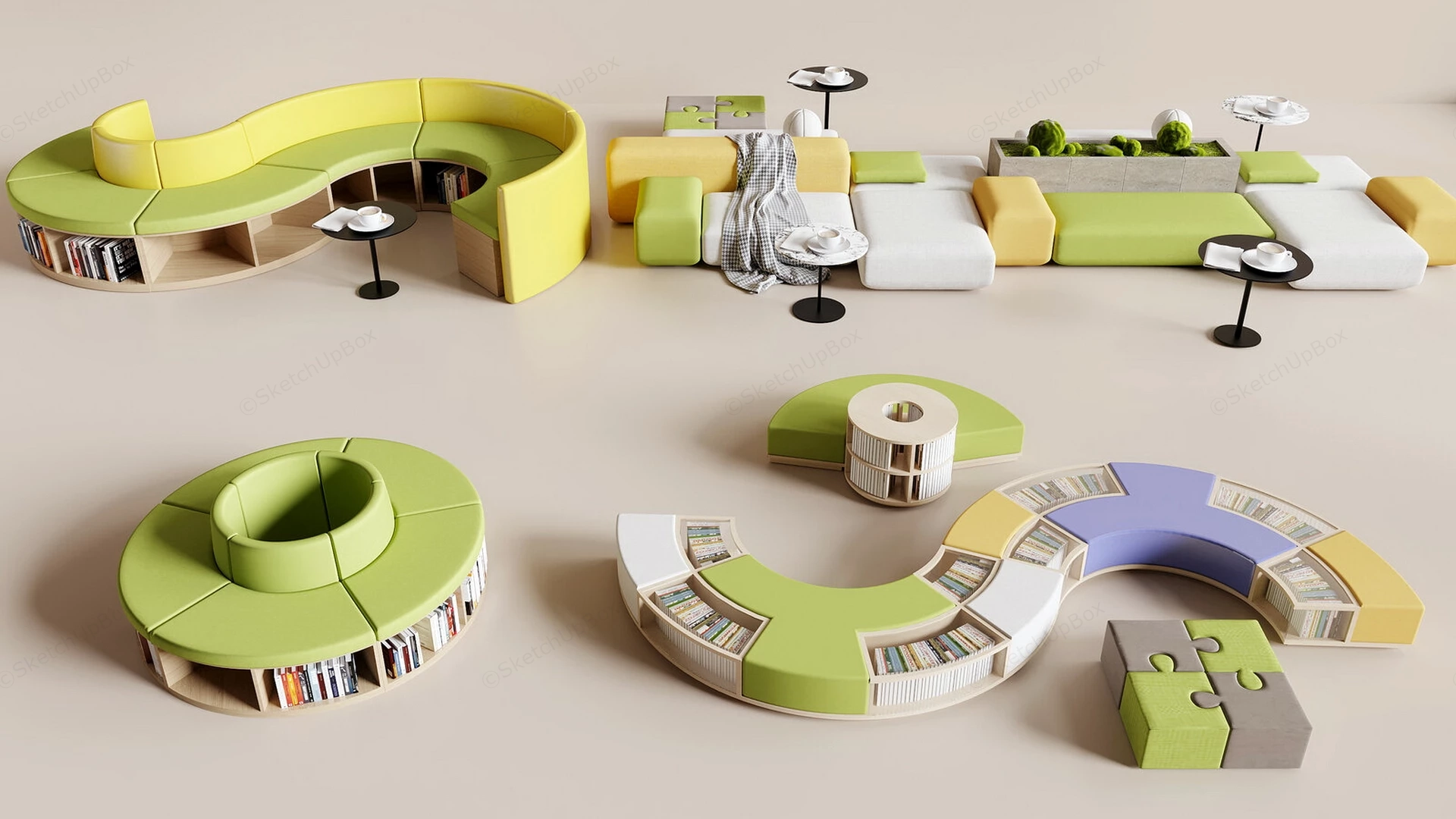 Modern Modular Curved Bench & Lounge Seating System Sketchup 3D Model Preview - SketchupBox