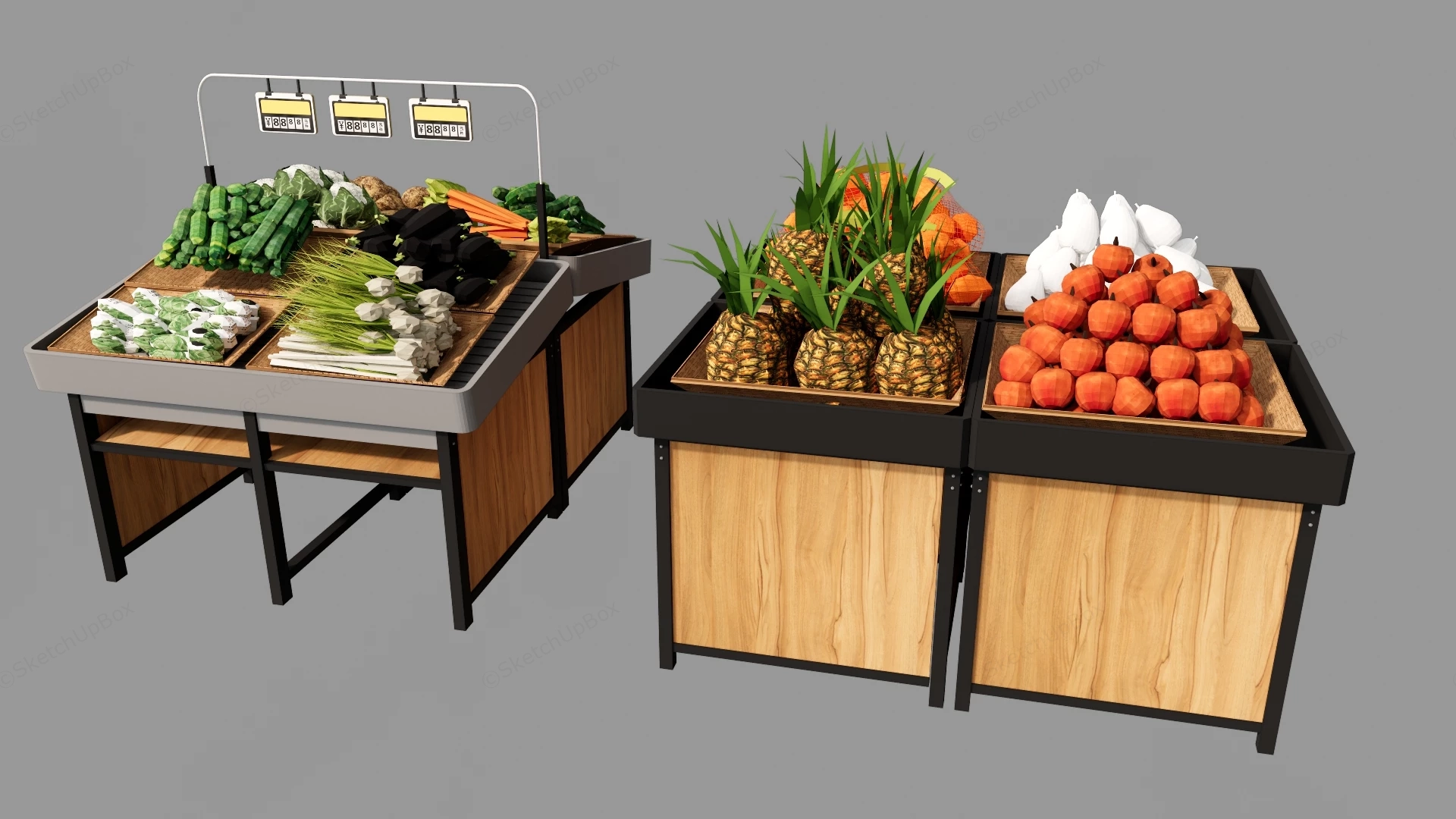 Modern Supermarket Fresh Produce Display Stand & Island Set Sketchup 3D Model Preview - SketchupBox