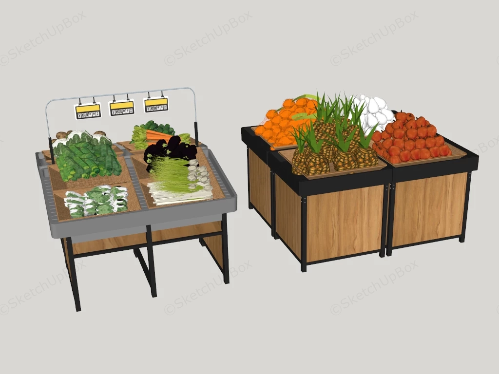 Modern Supermarket Fresh Produce Display Stand & Island Set Sketchup 3D Model Preview - SketchupBox