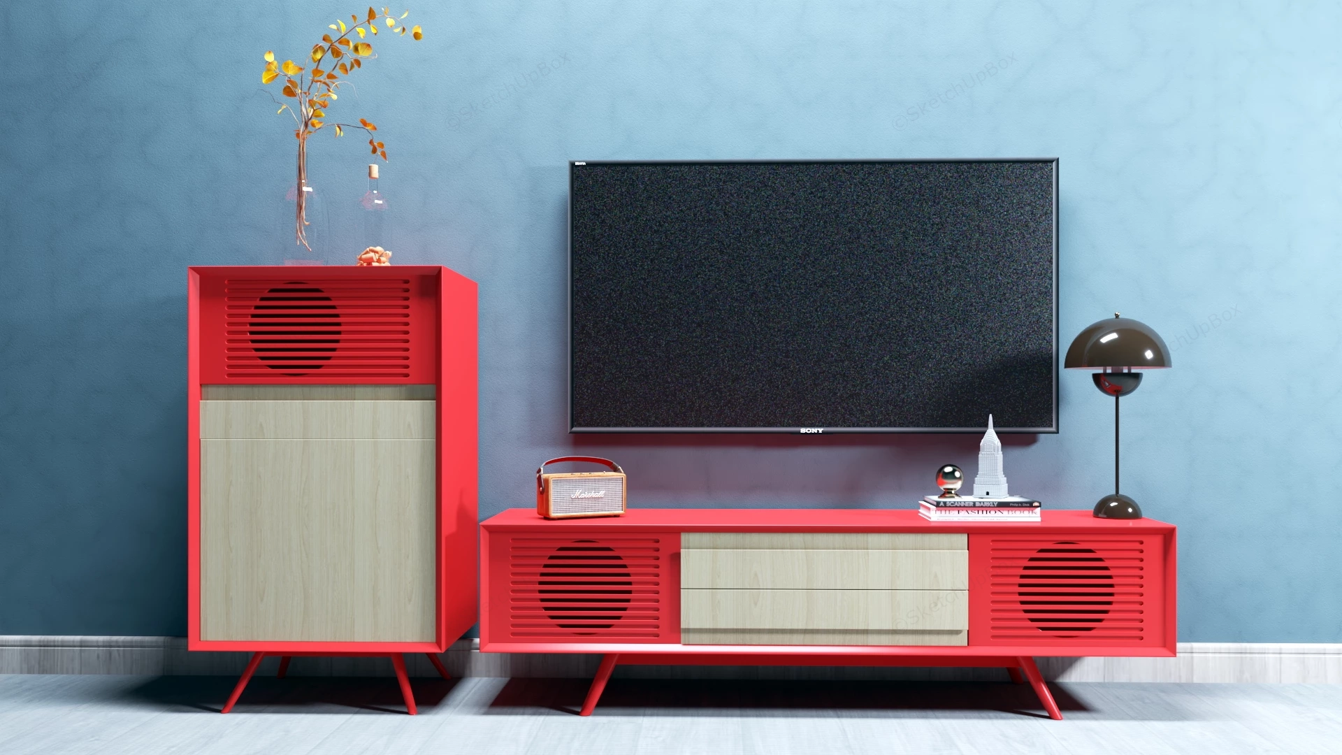 Red & Wood TV Console & Side Cabinet Set Sketchup 3D Model Preview - SketchupBox