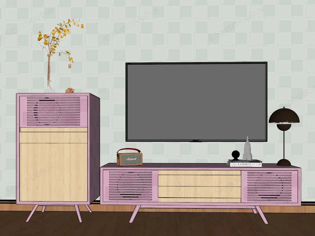 Red & Wood TV Console & Side Cabinet Set Sketchup 3D Model Preview - SketchupBox